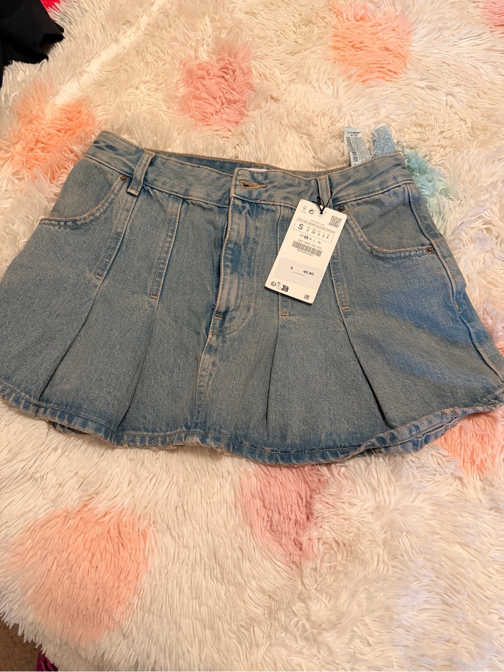 Zara Light Blue Denim Pleated Skater Skirt